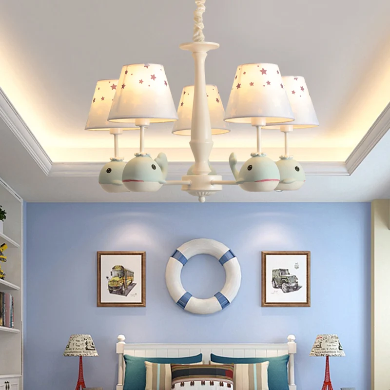 Stoffen conische kroonluchter met sterrenprint, hanglamp met witte afwerking voor kinderen en walvisdecor Clearhalo