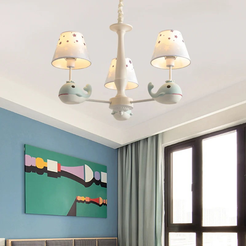 Stoffen conische kroonluchter met sterrenprint, hanglamp met witte afwerking voor kinderen en walvisdecor Clearhalo