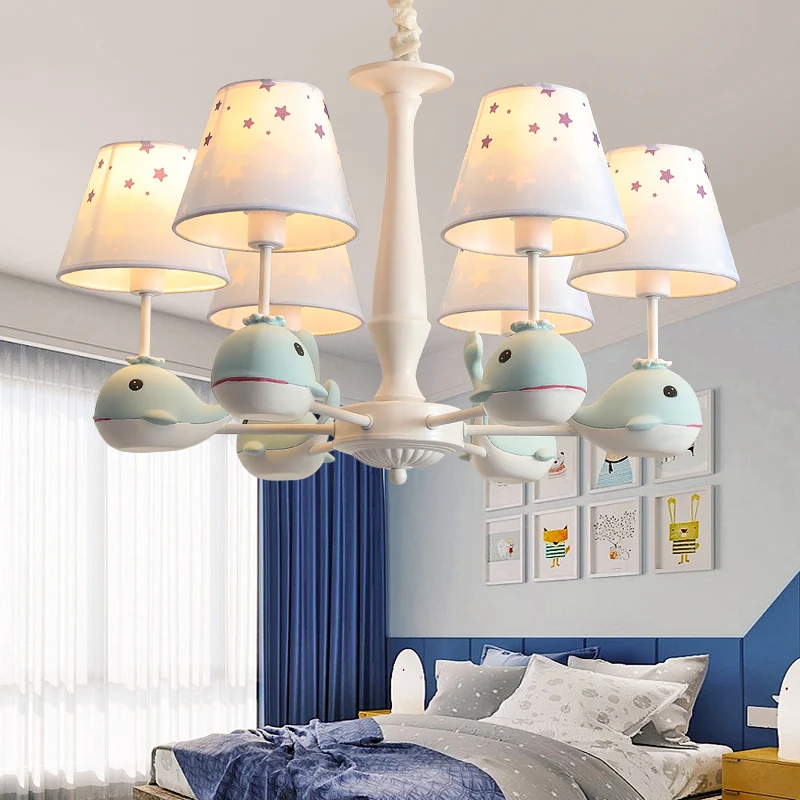 Stoffen conische kroonluchter met sterrenprint, hanglamp met witte afwerking voor kinderen en walvisdecor Clearhalo
