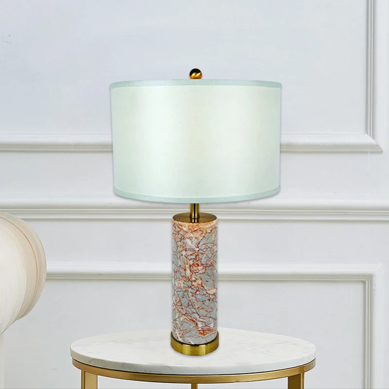Stoffen Drum Tafellamp Modern 1-kops witte nachtlamp met buis Agaat rood marmeren voet Clearhalo