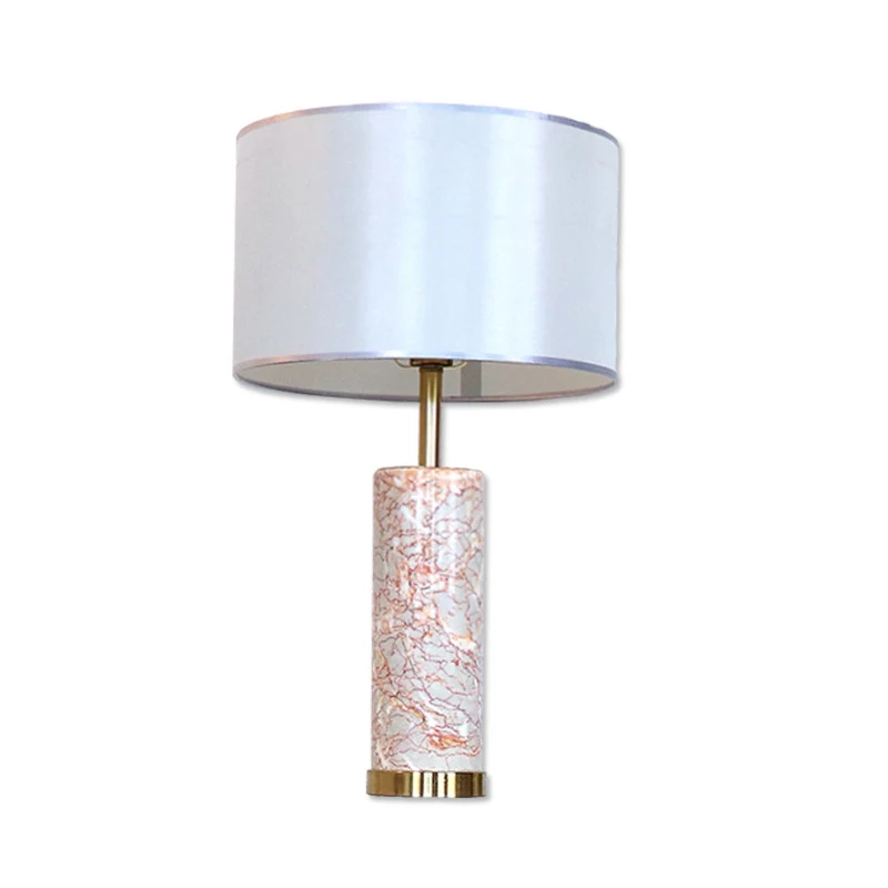 Stoffen Drum Tafellamp Modern 1-kops witte nachtlamp met buis Agaat rood marmeren voet Clearhalo
