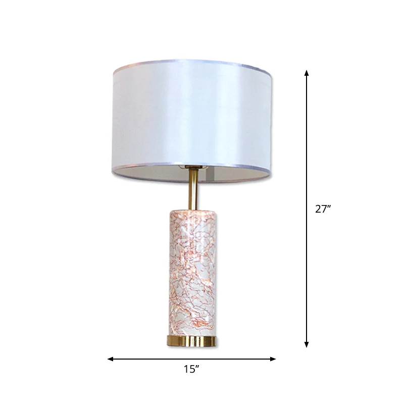 Stoffen Drum Tafellamp Modern 1-kops witte nachtlamp met buis Agaat rood marmeren voet Clearhalo
