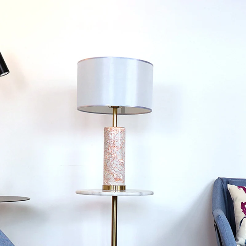 Stoffen Drum Tafellamp Modern 1-kops witte nachtlamp met buis Agaat rood marmeren voet Clearhalo