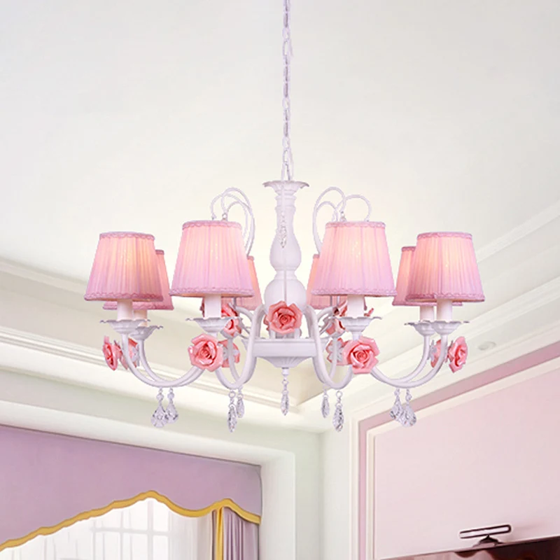 Stoffen geplooide kroonluchter Pastorale 3/6/8 lichts eetkamerhanger roze met kristallen druppel Clearhalo