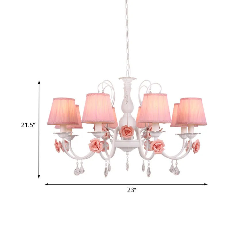 Stoffen geplooide kroonluchter Pastorale 3/6/8 lichts eetkamerhanger roze met kristallen druppel Clearhalo