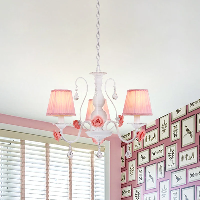 Stoffen geplooide kroonluchter Pastorale 3/6/8 lichts eetkamerhanger roze met kristallen druppel Clearhalo