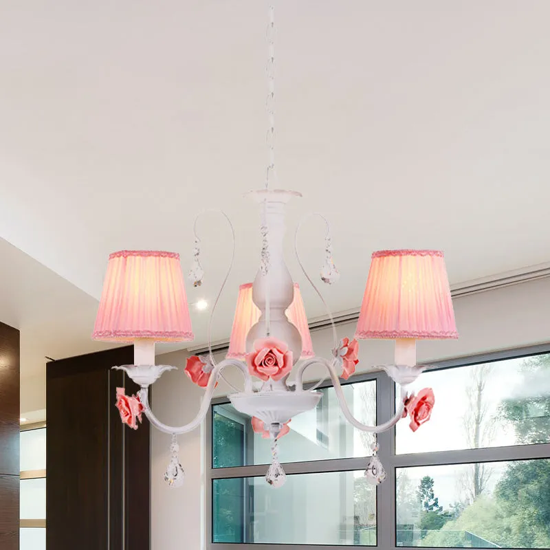 Stoffen geplooide kroonluchter Pastorale 3/6/8 lichts eetkamerhanger roze met kristallen druppel Clearhalo