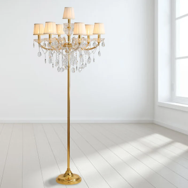 Stoffen geplooide lampenkap vloerlamp Traditionele 7-kops woonkamer staande lamp goud met kristallen accent Clearhalo