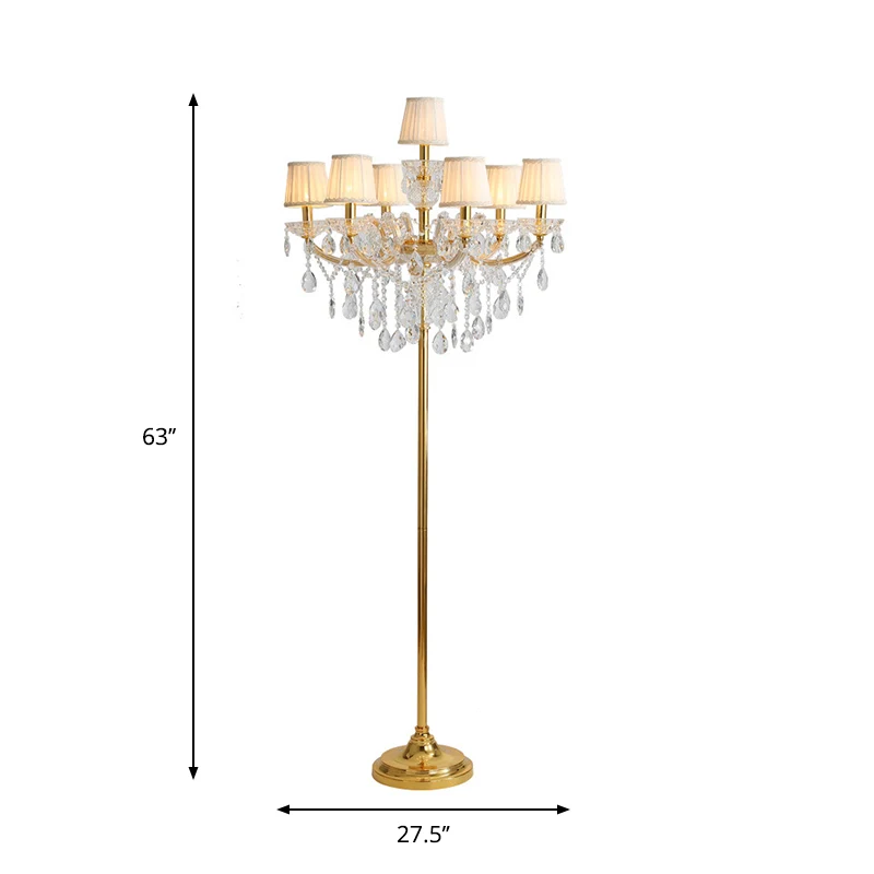 Stoffen geplooide lampenkap vloerlamp Traditionele 7-kops woonkamer staande lamp goud met kristallen accent Clearhalo