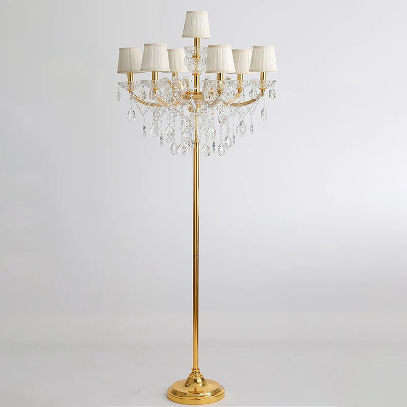 Stoffen geplooide lampenkap vloerlamp Traditionele 7-kops woonkamer staande lamp goud met kristallen accent Clearhalo