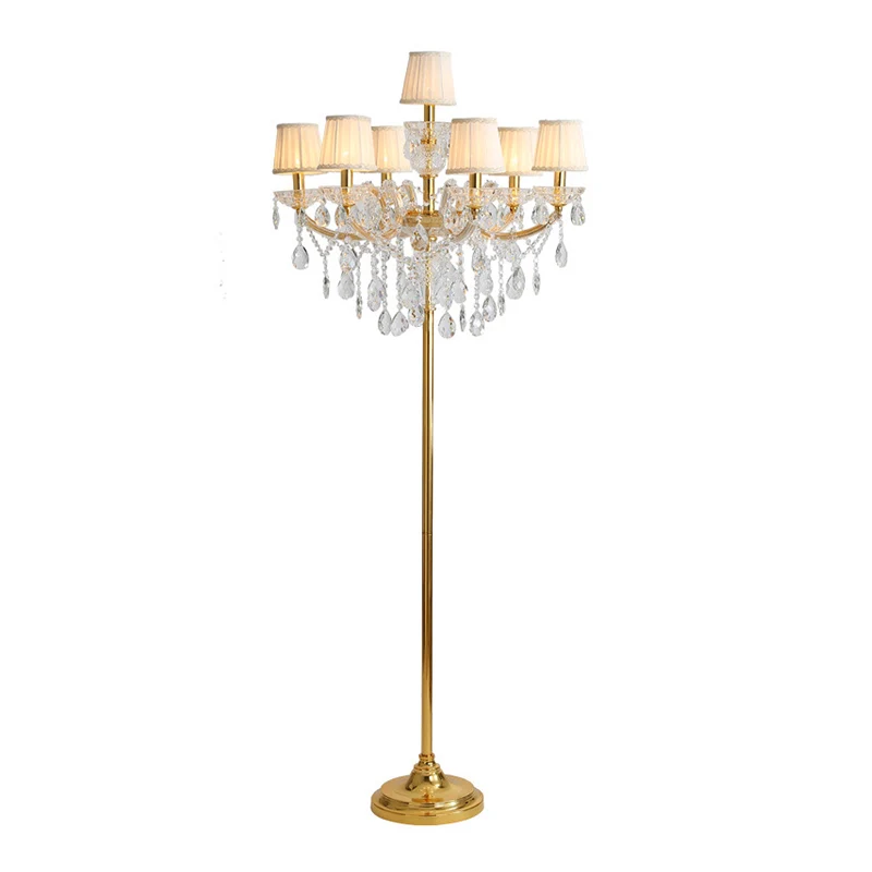 Stoffen geplooide lampenkap vloerlamp Traditionele 7-kops woonkamer staande lamp goud met kristallen accent Clearhalo