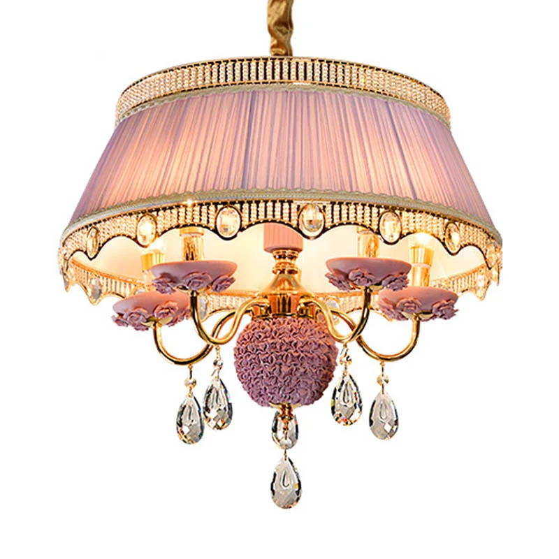 Stoffen geschulpte kroonluchter verlichting modern 5-kops roze/blauw/paars hangende plafondlamp met kristallen druppel Cle...