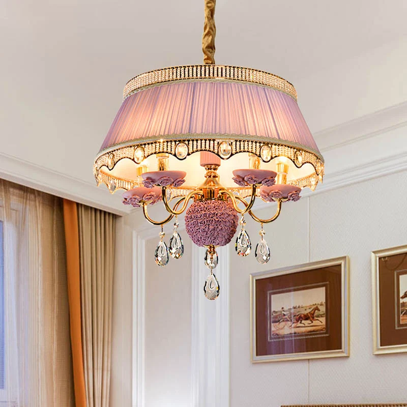 Stoffen geschulpte kroonluchter verlichting modern 5-kops roze/blauw/paars hangende plafondlamp met kristallen druppel Cle...