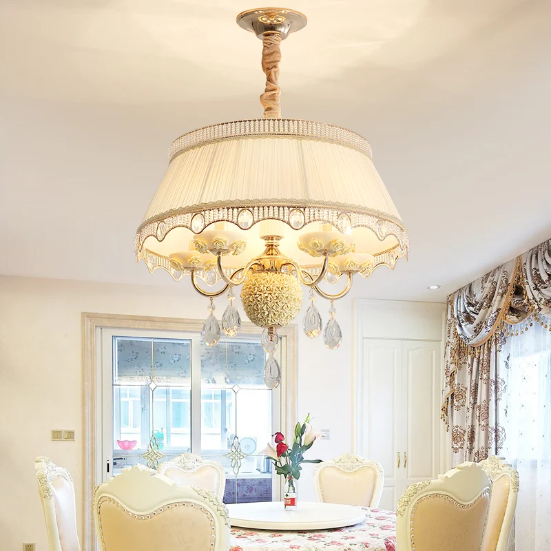 Stoffen geschulpte kroonluchter verlichting modern 5-kops roze/blauw/paars hangende plafondlamp met kristallen druppel Cle...