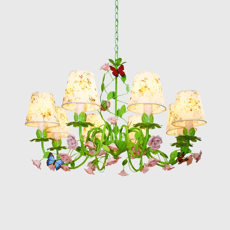 Stoffen groene hangende kroonluchter taps toelopend 8 lichts traditionele neerwaartse verlichting hanger voor slaapkamer C...