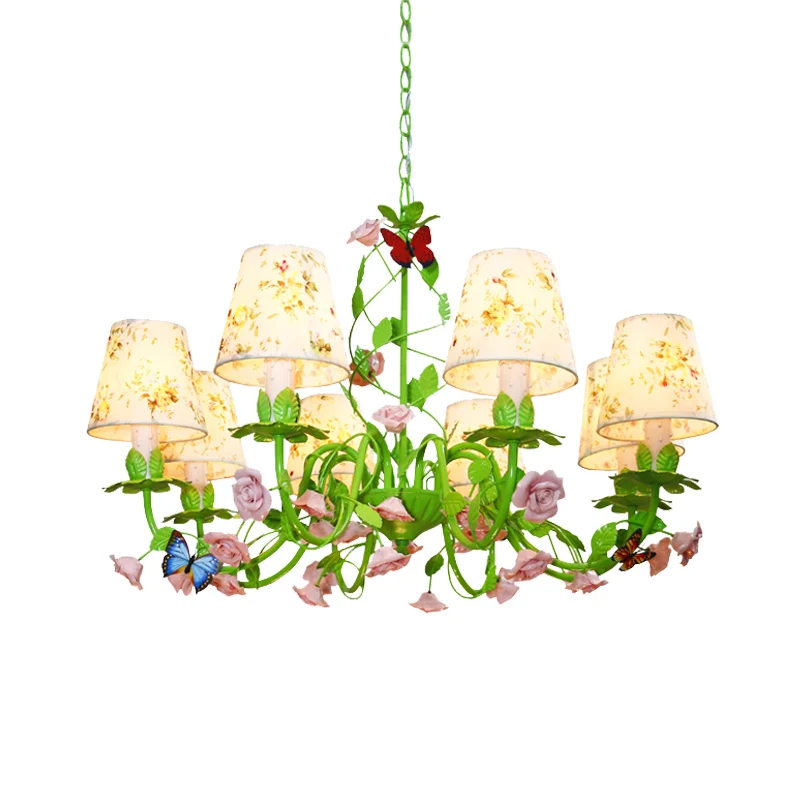 Stoffen groene hangende kroonluchter taps toelopend 8 lichts traditionele neerwaartse verlichting hanger voor slaapkamer C...