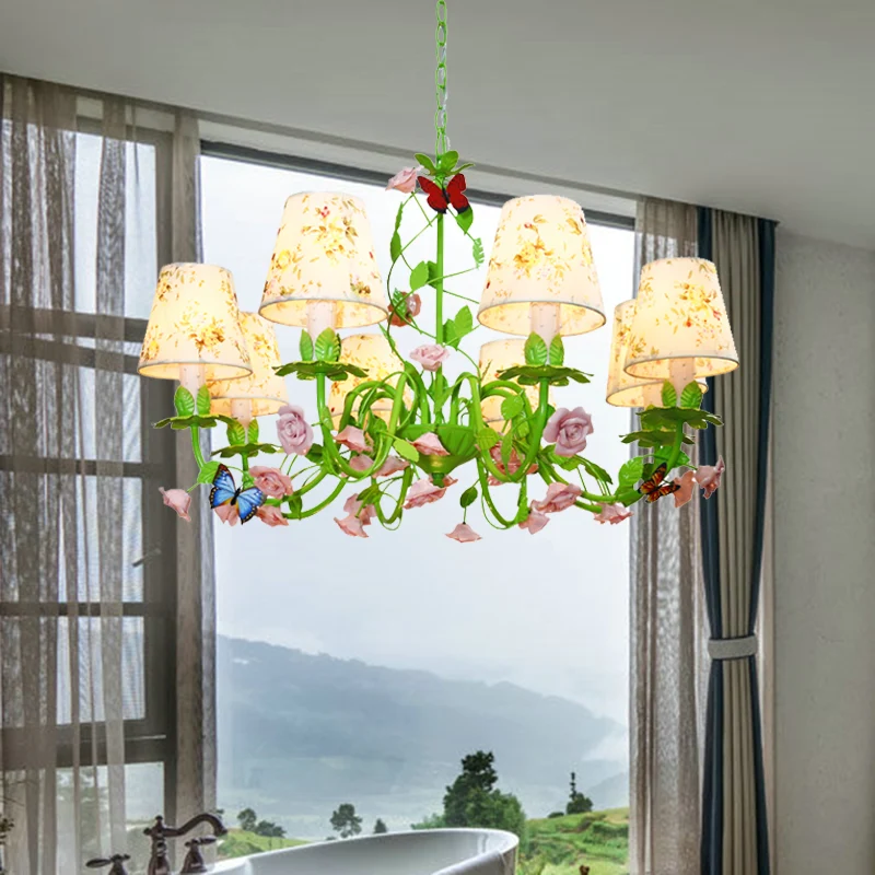 Stoffen groene hangende kroonluchter taps toelopend 8 lichts traditionele neerwaartse verlichting hanger voor slaapkamer C...