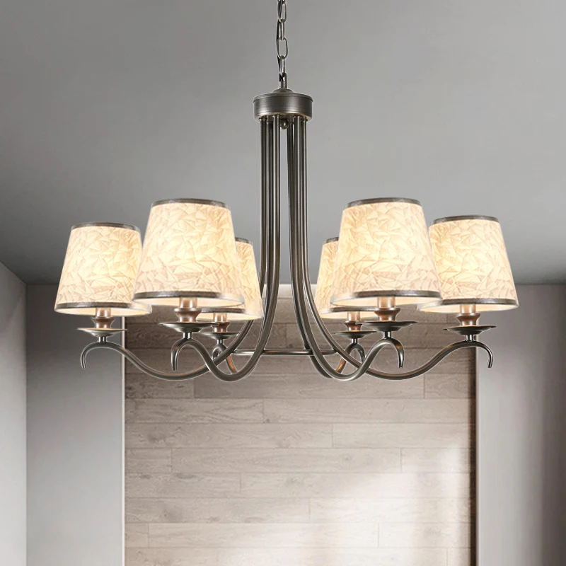 Stoffen kegelkroonluchter, klassieke stijl, 6 hoofden, eetkamer, neerwaartse verlichting, hanger zilver/blauw/wit en zilve...