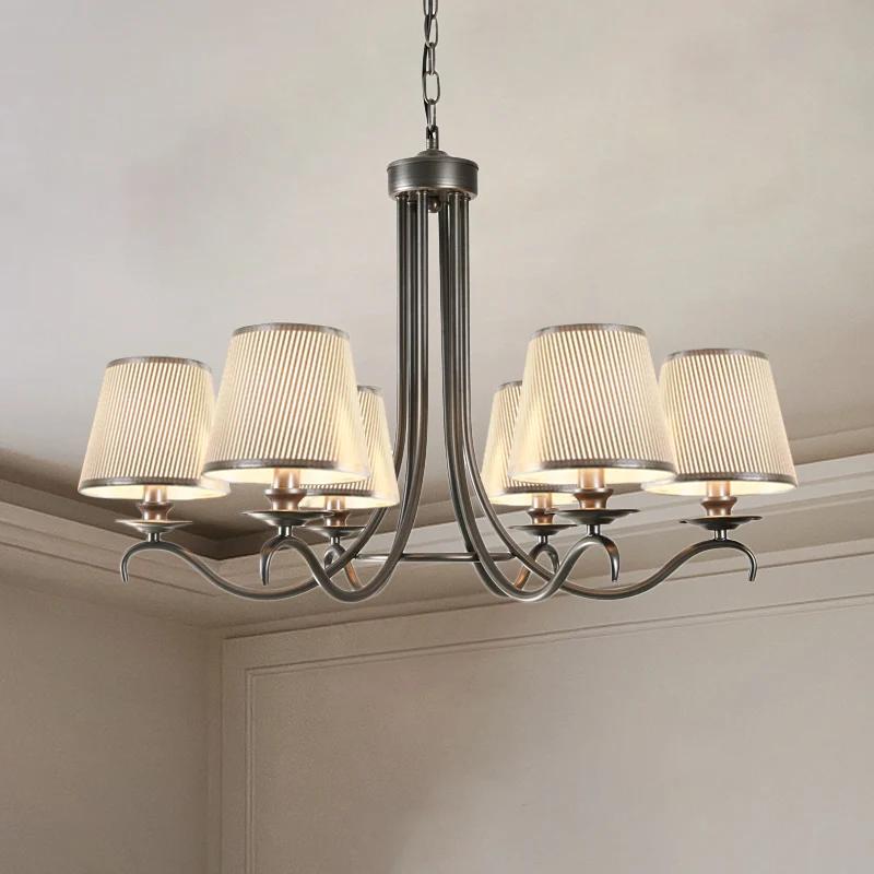 Stoffen kegelkroonluchter, klassieke stijl, 6 hoofden, eetkamer, neerwaartse verlichting, hanger zilver/blauw/wit en zilve...