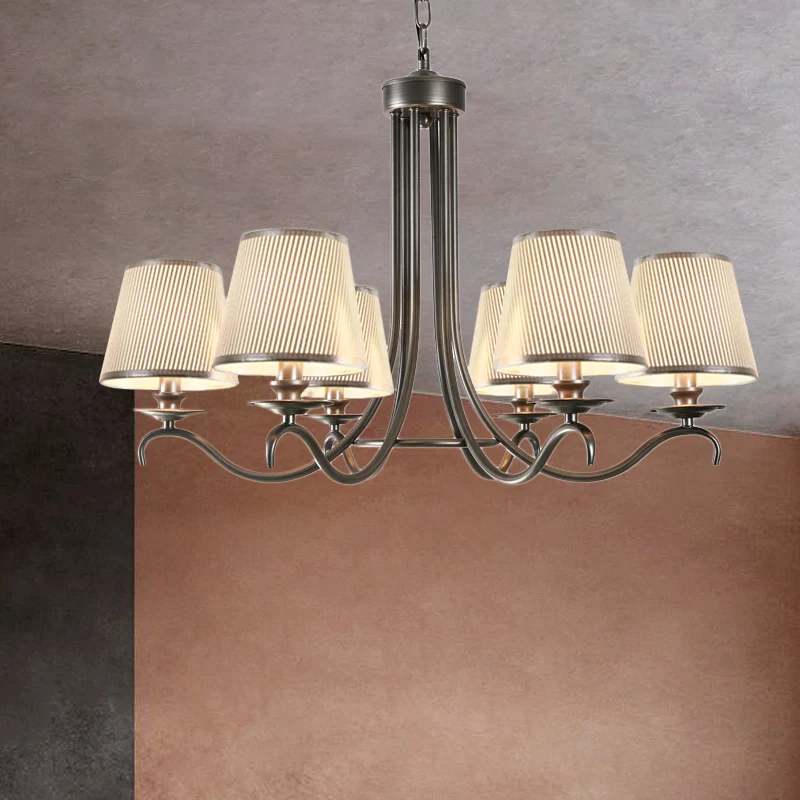 Stoffen kegelkroonluchter, klassieke stijl, 6 hoofden, eetkamer, neerwaartse verlichting, hanger zilver/blauw/wit en zilve...