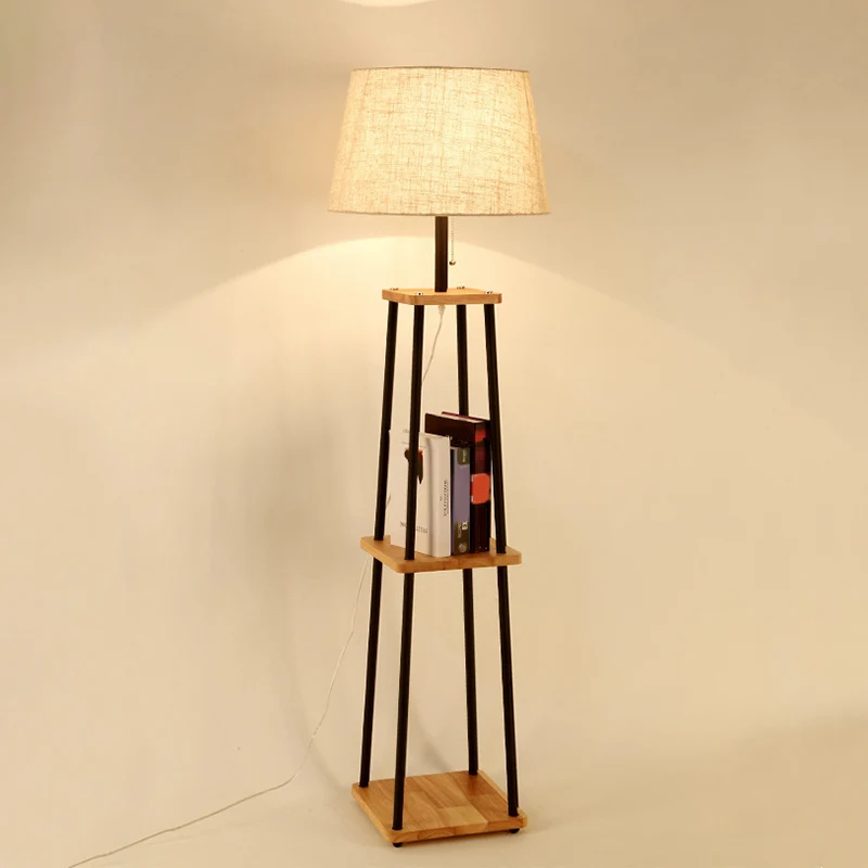 Stoffen kegel/trommel/conische vloerlamp Modern 1 lamp Zwart/wit/hout Staande lamp met tafel/opbergrek voor woonkamer Clea...