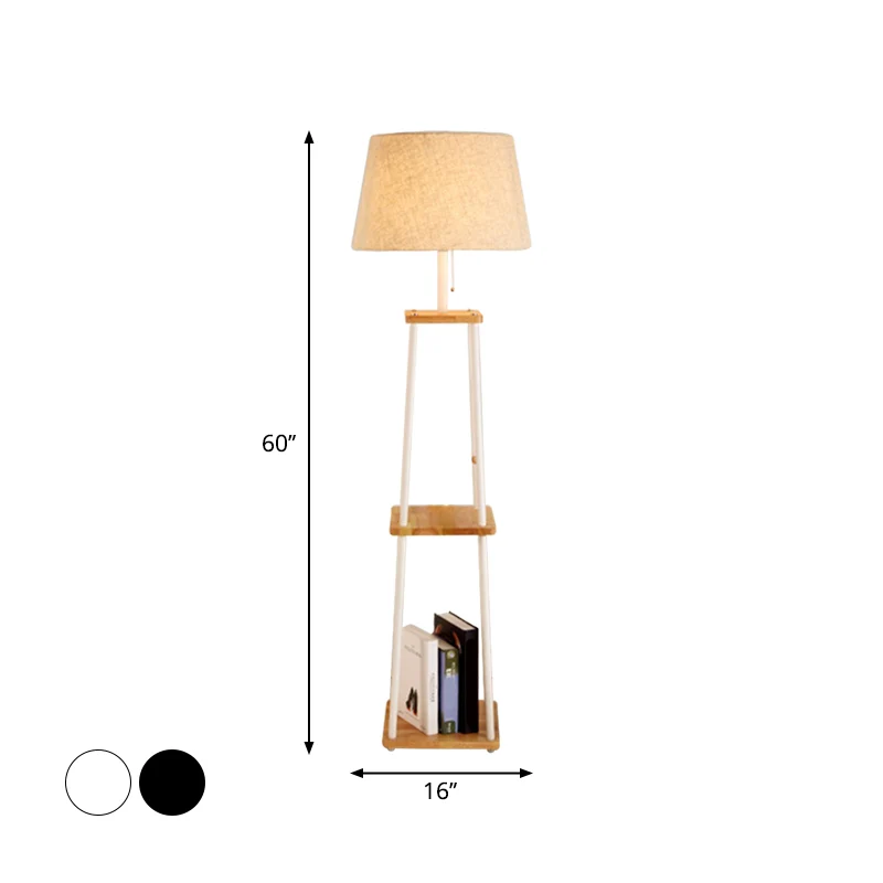 Stoffen kegel/trommel/conische vloerlamp Modern 1 lamp Zwart/wit/hout Staande lamp met tafel/opbergrek voor woonkamer Clea...