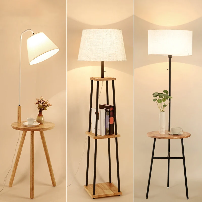 Stoffen kegel/trommel/conische vloerlamp Modern 1 lamp Zwart/wit/hout Staande lamp met tafel/opbergrek voor woonkamer Clea...