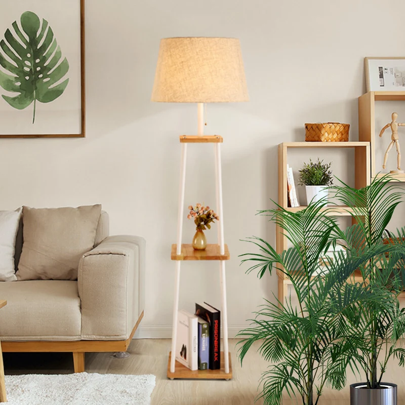 Stoffen kegel/trommel/conische vloerlamp Modern 1 lamp Zwart/wit/hout Staande lamp met tafel/opbergrek voor woonkamer Clea...