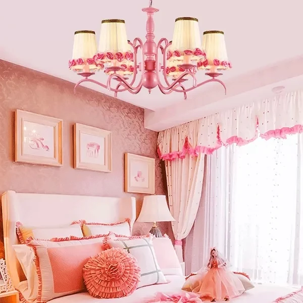 Stoffen kroonluchter met taps toelopende schaduw, kinderhanglamp met bloem roze voor meisjesslaapkamer Clearhalo
