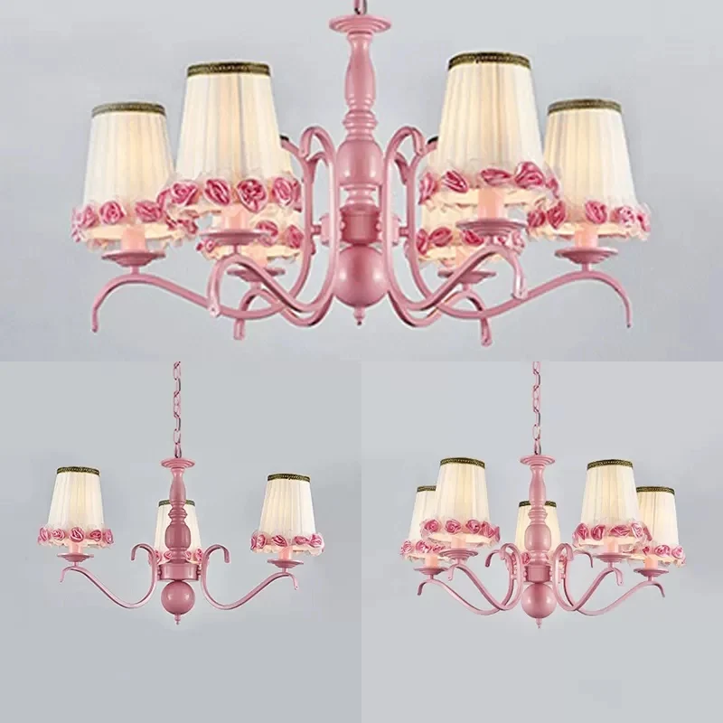 Stoffen kroonluchter met taps toelopende schaduw, kinderhanglamp met bloem roze voor meisjesslaapkamer Clearhalo
