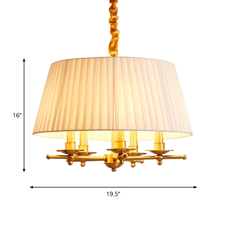 Stoffen messing hangende kroonluchter Verzamelde Empire Shade 5-koppige traditionele hangende plafondlamp Clearhalo