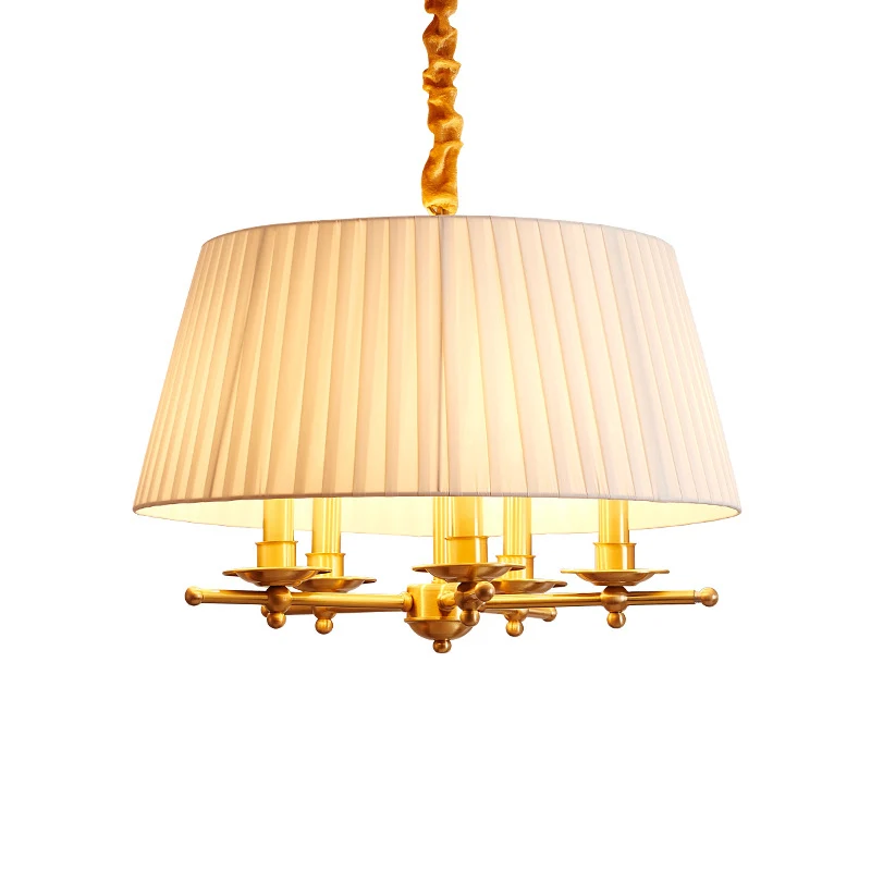 Stoffen messing hangende kroonluchter Verzamelde Empire Shade 5-koppige traditionele hangende plafondlamp Clearhalo