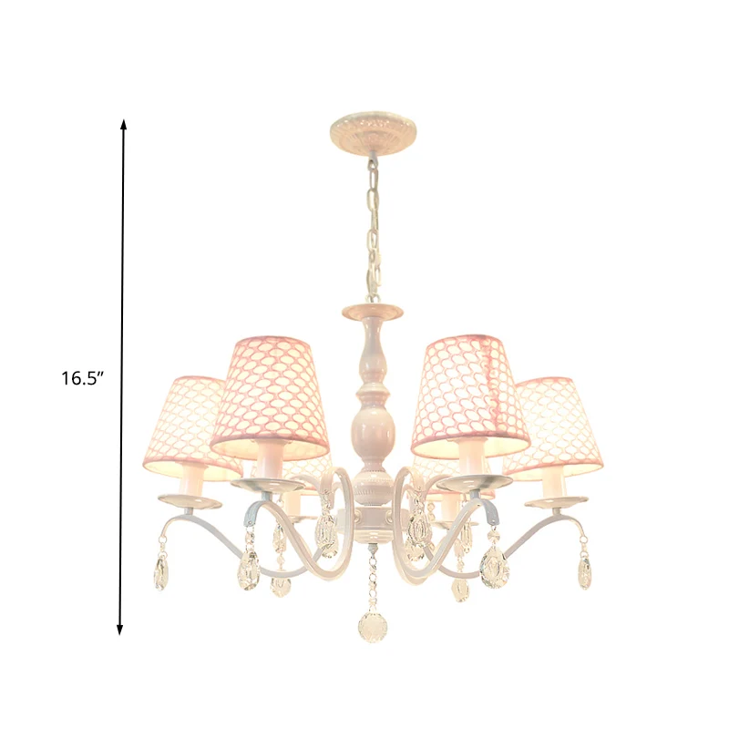 Stoffen roze hangende kroonluchter, taps toelopend, 6 lampen, traditionele neerwaartse verlichtingshanger met kristallen a...
