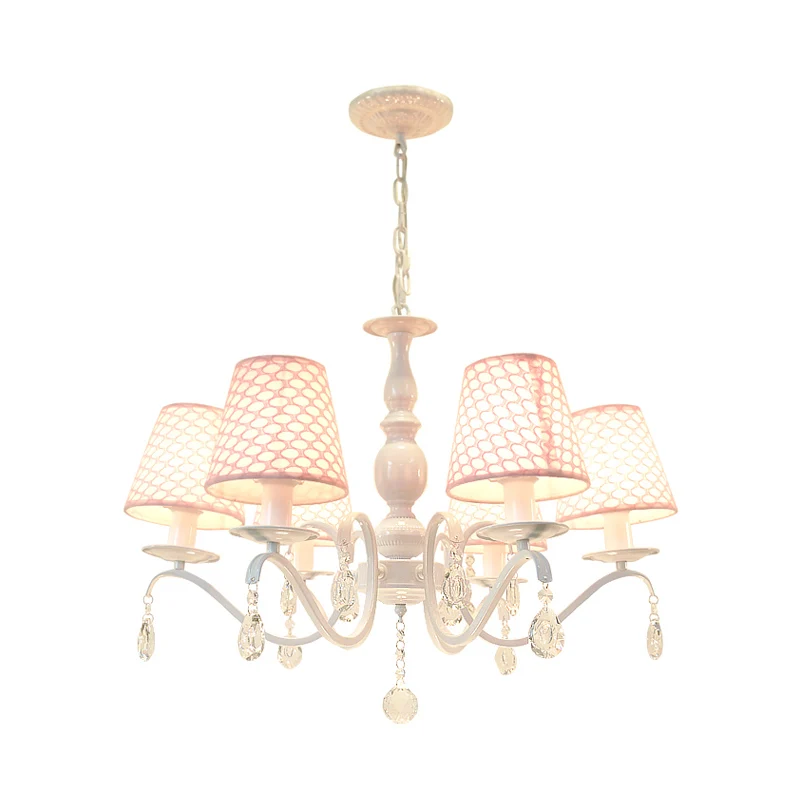 Stoffen roze hangende kroonluchter, taps toelopend, 6 lampen, traditionele neerwaartse verlichtingshanger met kristallen a...