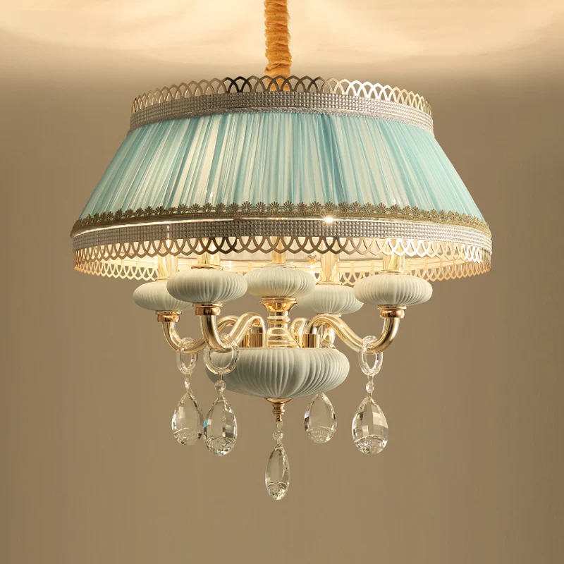 Stoffen roze/blauwe plafondlamp Drum 4-lichts Rustieke kroonluchter-hanglamp met kristallen druppel Clearhalo