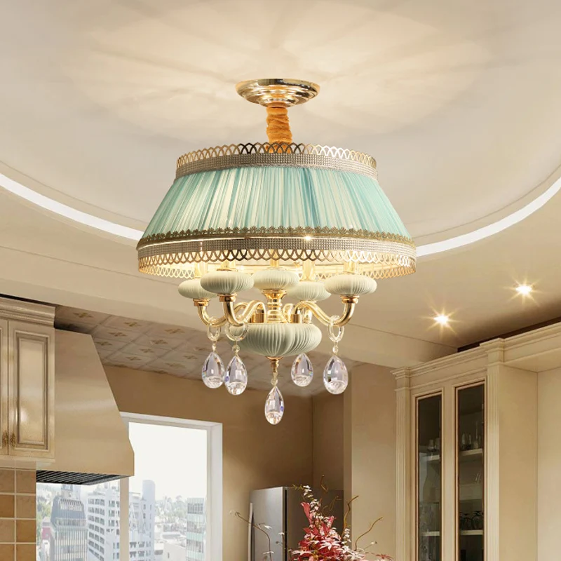 Stoffen roze/blauwe plafondlamp Drum 4-lichts Rustieke kroonluchter-hanglamp met kristallen druppel Clearhalo