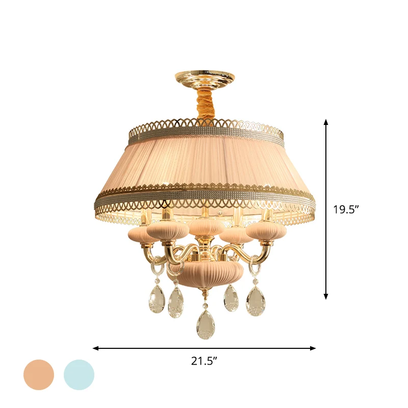 Stoffen roze/blauwe plafondlamp Drum 4-lichts Rustieke kroonluchter-hanglamp met kristallen druppel Clearhalo