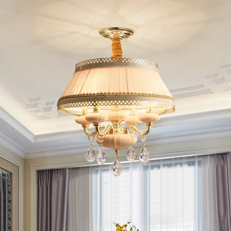 Stoffen roze/blauwe plafondlamp Drum 4-lichts Rustieke kroonluchter-hanglamp met kristallen druppel Clearhalo