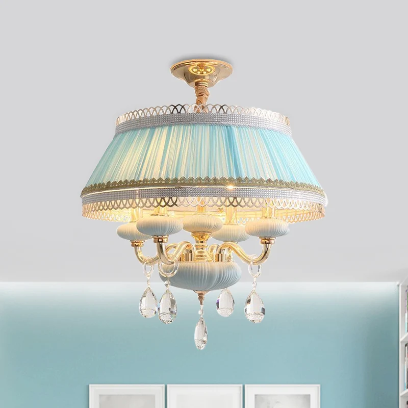 Stoffen roze/blauwe plafondlamp Drum 4-lichts Rustieke kroonluchter-hanglamp met kristallen druppel Clearhalo