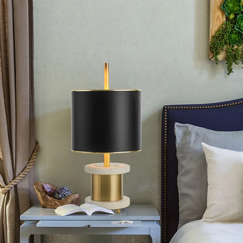 Stoffen trommelkap Nachttafellamp Modernisme 1 kop Marmeren leesboeklamp zwart Clearhalo