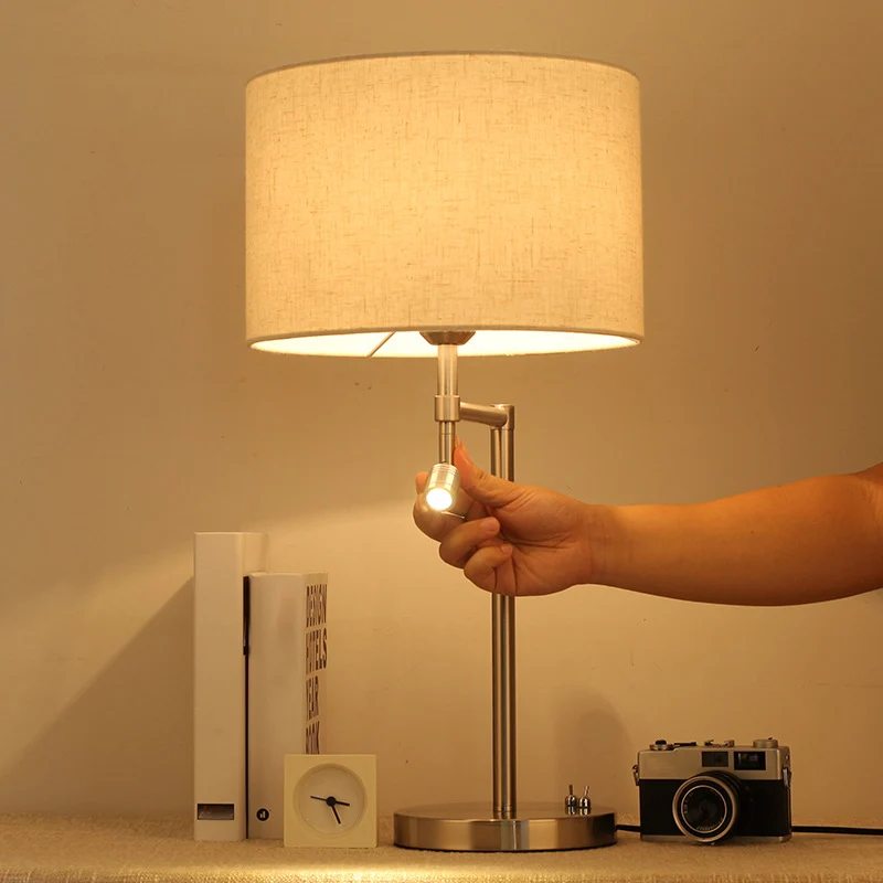 Stoffen trommelvormige tafelverlichting Minimalistisch 1-lamps wit nachtkastje met draaibare spot Clearhalo