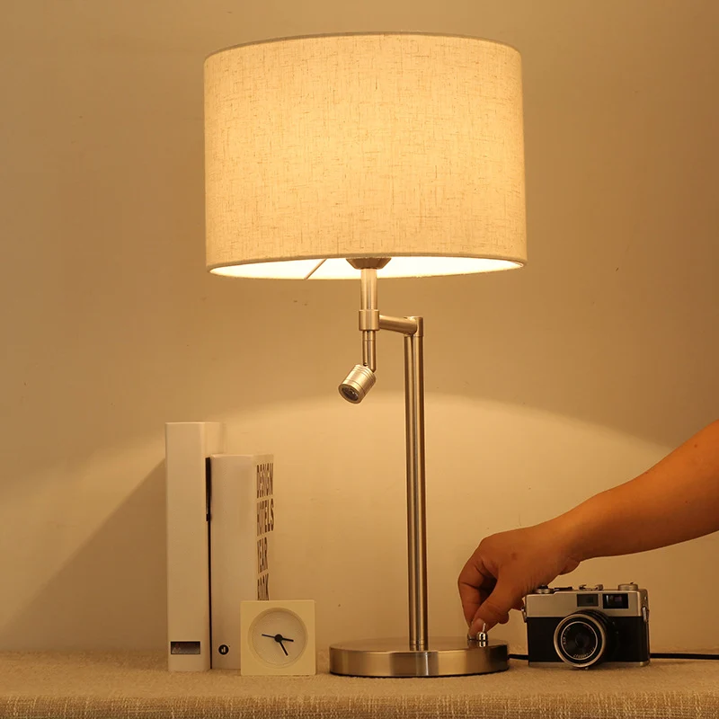Stoffen trommelvormige tafelverlichting Minimalistisch 1-lamps wit nachtkastje met draaibare spot Clearhalo