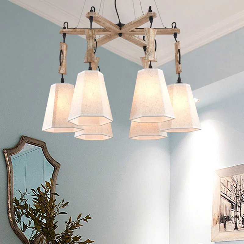 Stoffen zeshoekige kroonluchterlamp eigentijds 6-kops zwart/wit/vlas hanglampset voor eetkamer Clearhalo