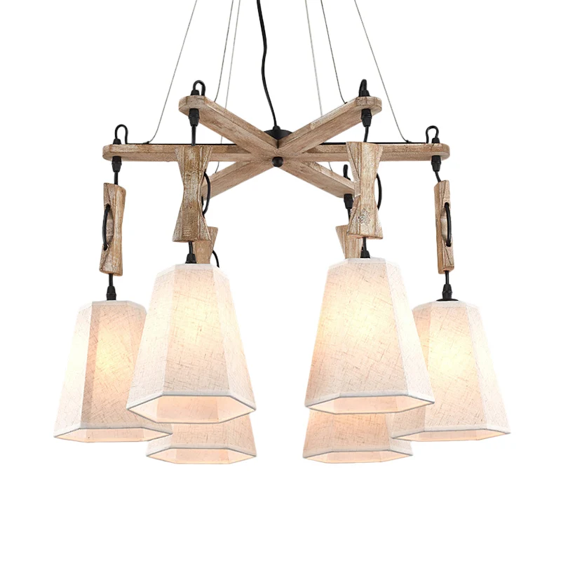 Stoffen zeshoekige kroonluchterlamp eigentijds 6-kops zwart/wit/vlas hanglampset voor eetkamer Clearhalo