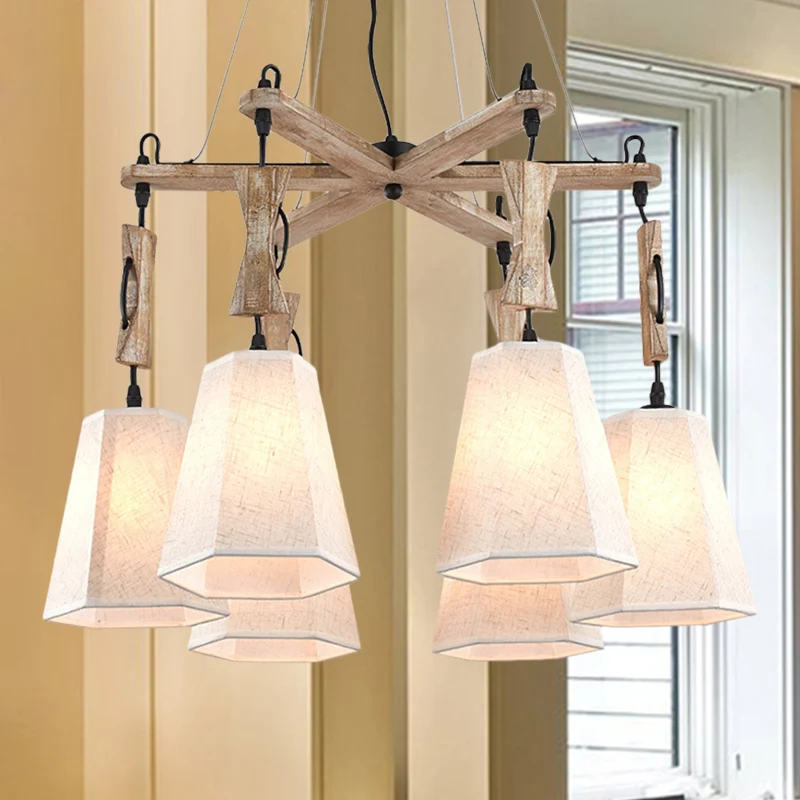 Stoffen zeshoekige kroonluchterlamp eigentijds 6-kops zwart/wit/vlas hanglampset voor eetkamer Clearhalo