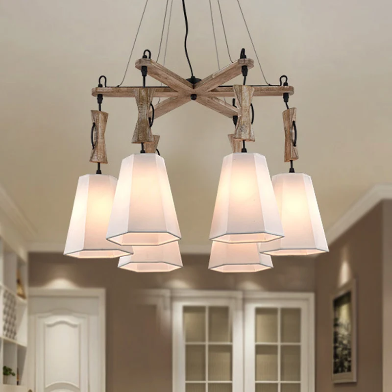 Stoffen zeshoekige kroonluchterlamp eigentijds 6-kops zwart/wit/vlas hanglampset voor eetkamer Clearhalo