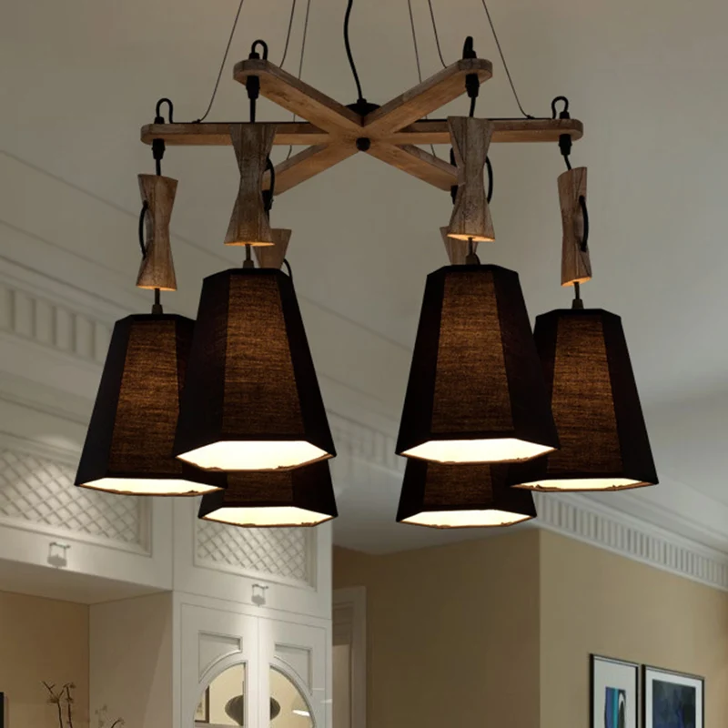 Stoffen zeshoekige kroonluchterlamp eigentijds 6-kops zwart/wit/vlas hanglampset voor eetkamer Clearhalo