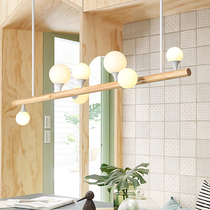 Straight Island Lighting Aziatisch hout 7 lampen Beige hangende plafondlamp voor eetkamer Clearhalo