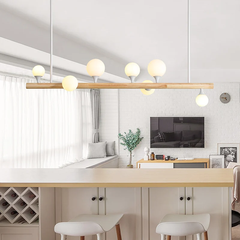 Straight Island Lighting Aziatisch hout 7 lampen Beige hangende plafondlamp voor eetkamer Clearhalo