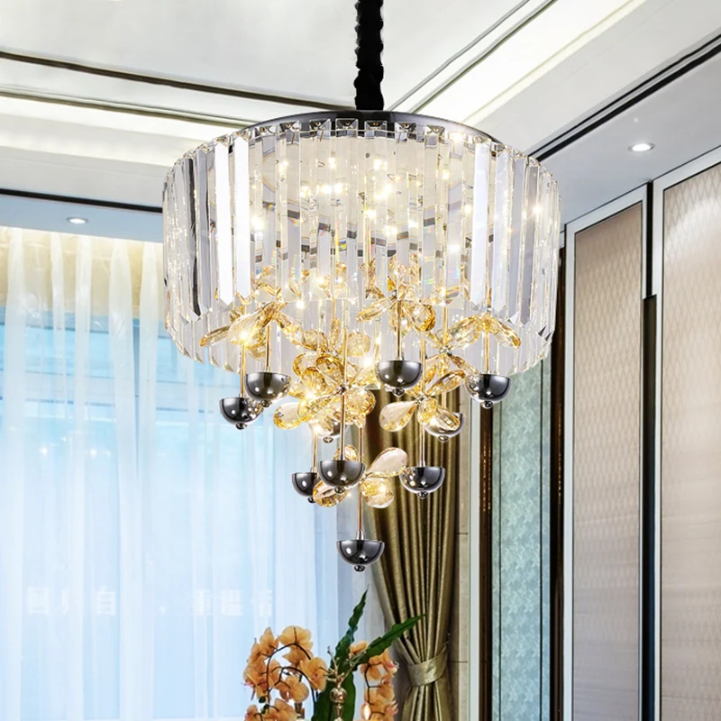 Strip Crystal LED hangende kroonluchter hedendaagse heldere trommel woonkamer drop lamp met innerlijke bloemtak decor Clea...